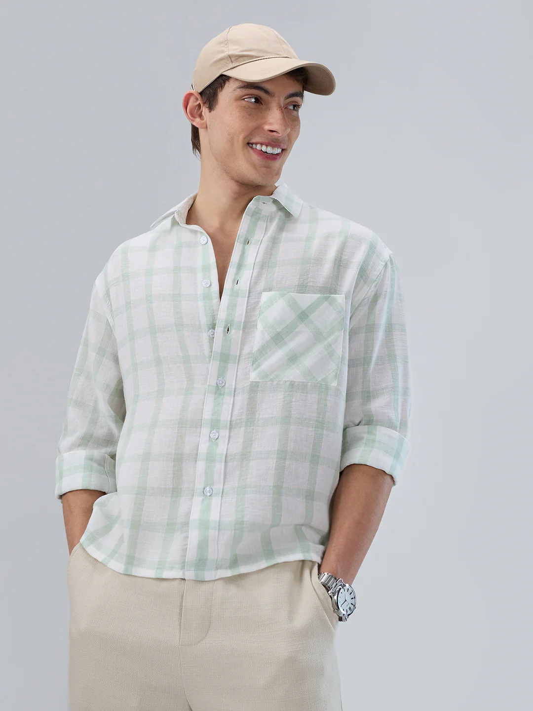 Minted Sage Green Box Checks Boxy Fit Crop Shirt - Image 4