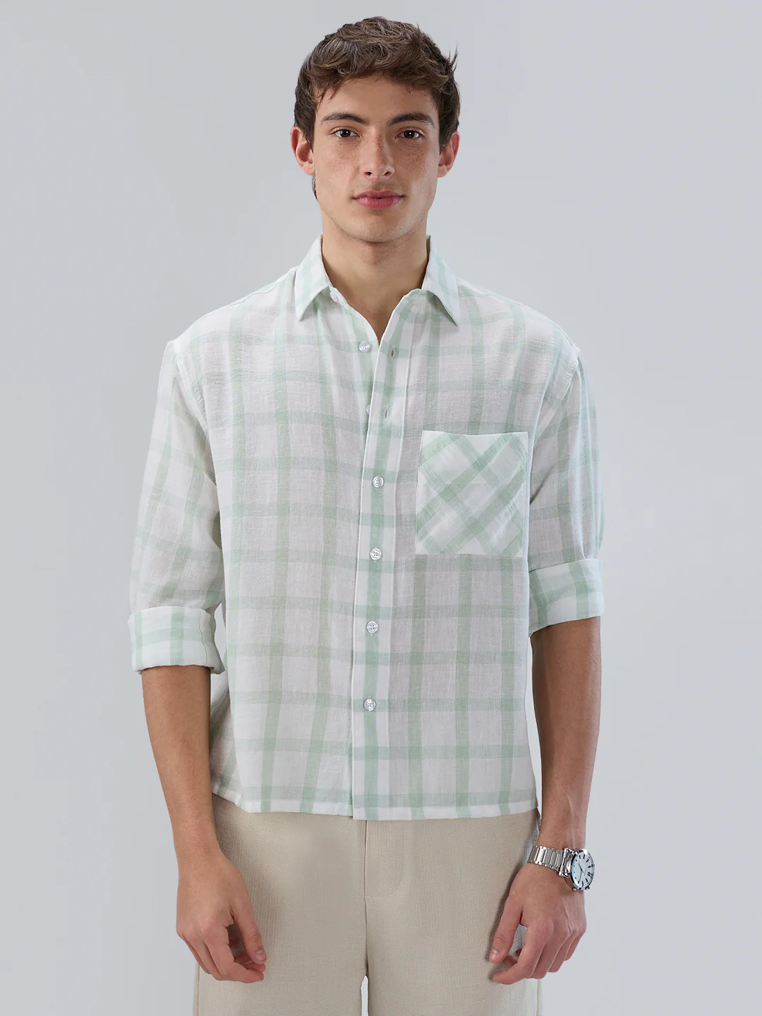 Minted Sage Green Box Checks Boxy Fit Crop Shirt - Image 5