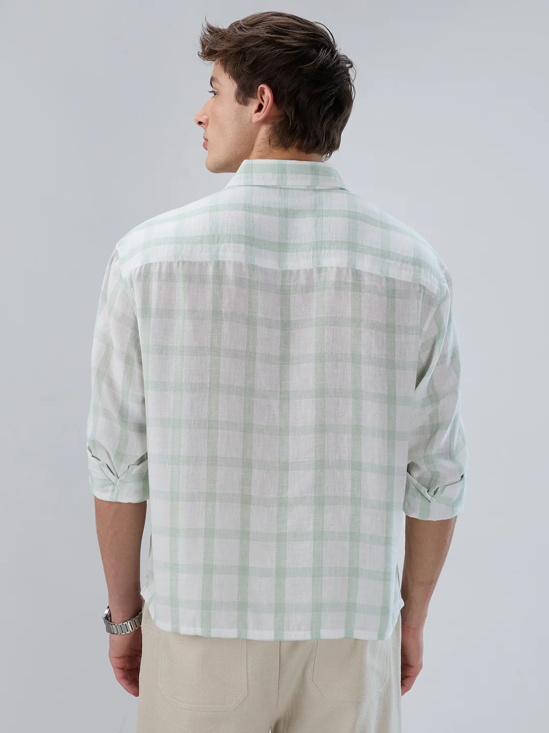 Minted Sage Green Box Checks Boxy Fit Crop Shirt - Image 6