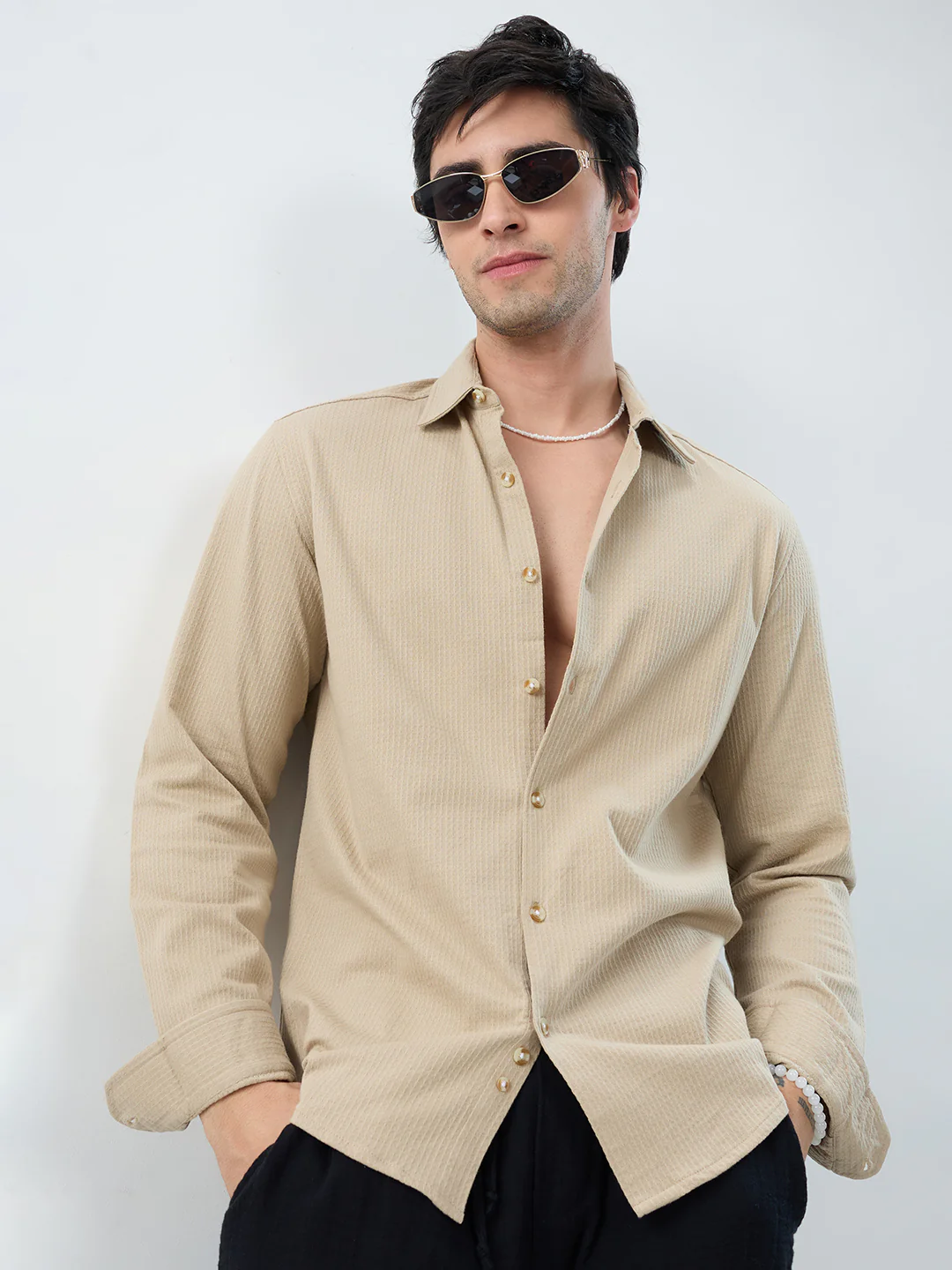 Mist Beige Jacquard Knit Everyday Shirt - Image 2