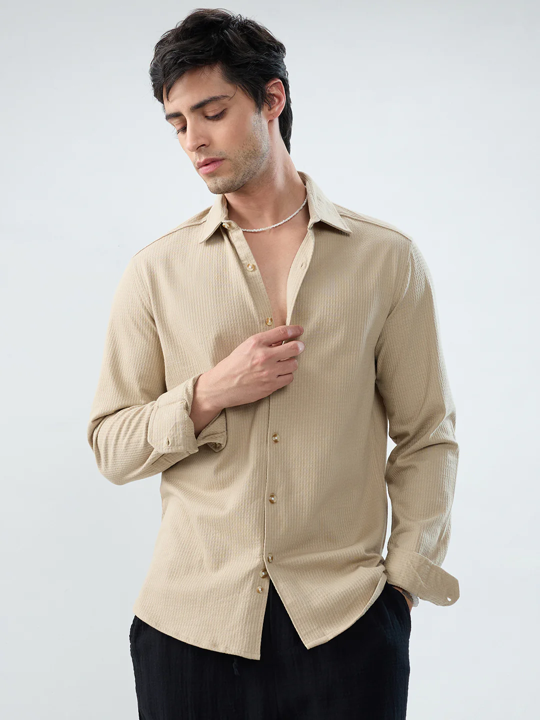 Mist Beige Jacquard Knit Everyday Shirt - Image 4