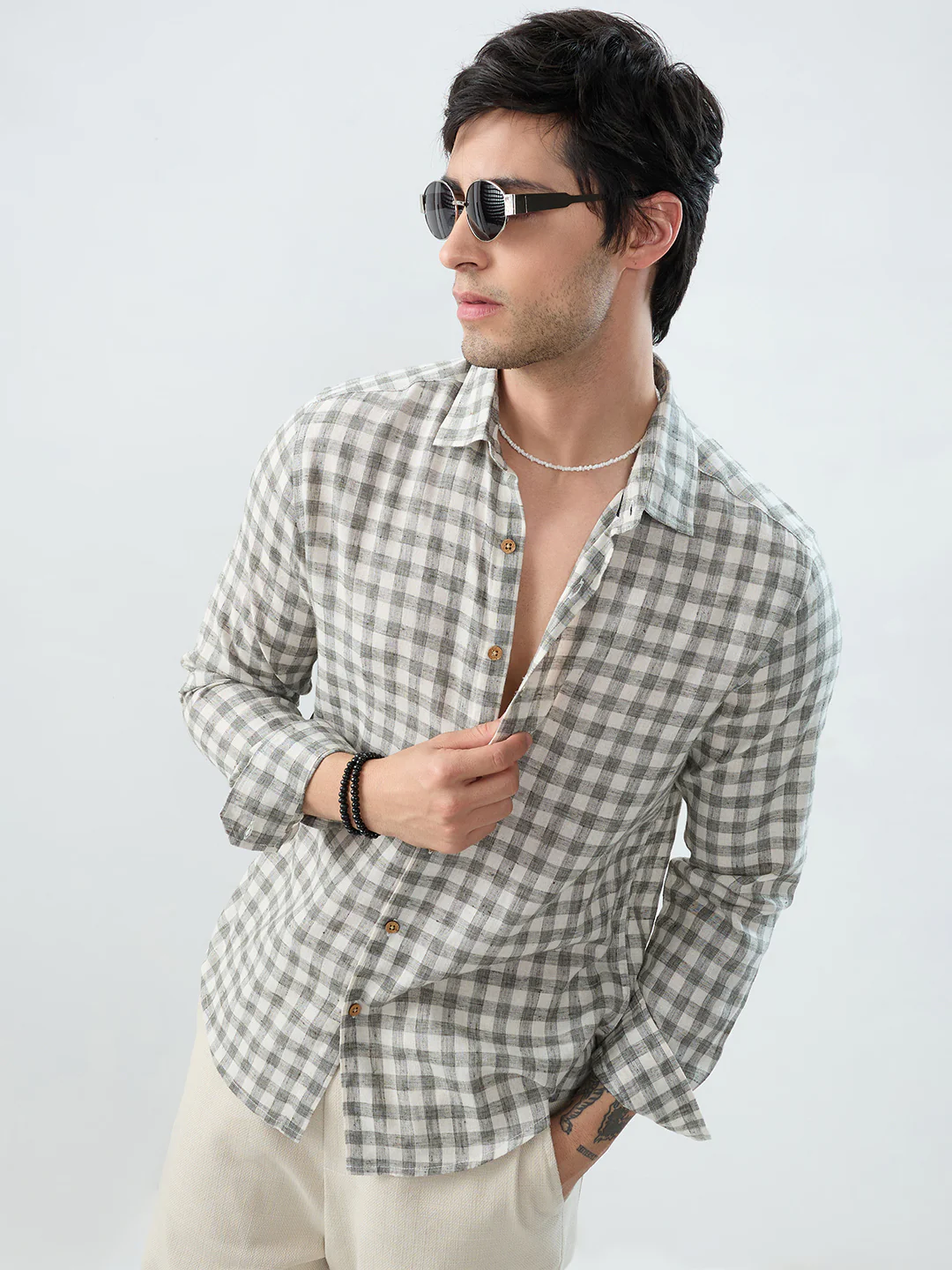 Mist Green Linen Blend Checks Shirt - Image 2