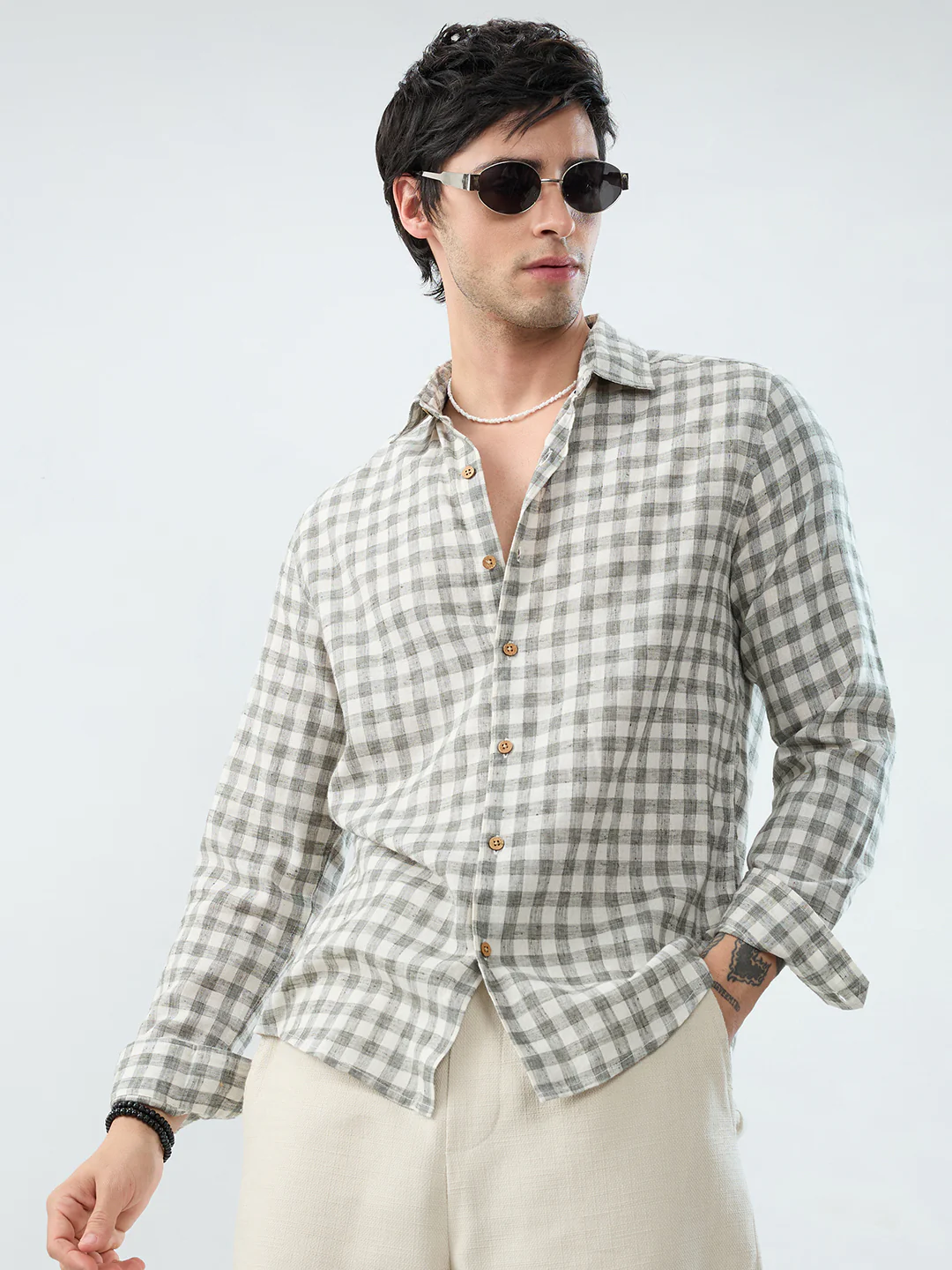 Mist Green Linen Blend Checks Shirt - Image 4