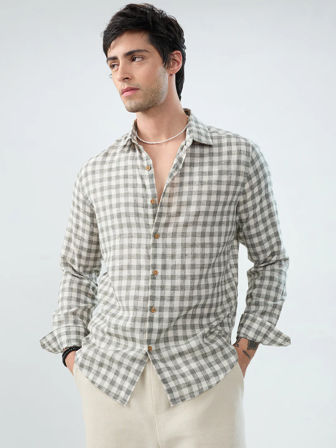 Mist Green Linen Blend Checks Shirt - Image 5