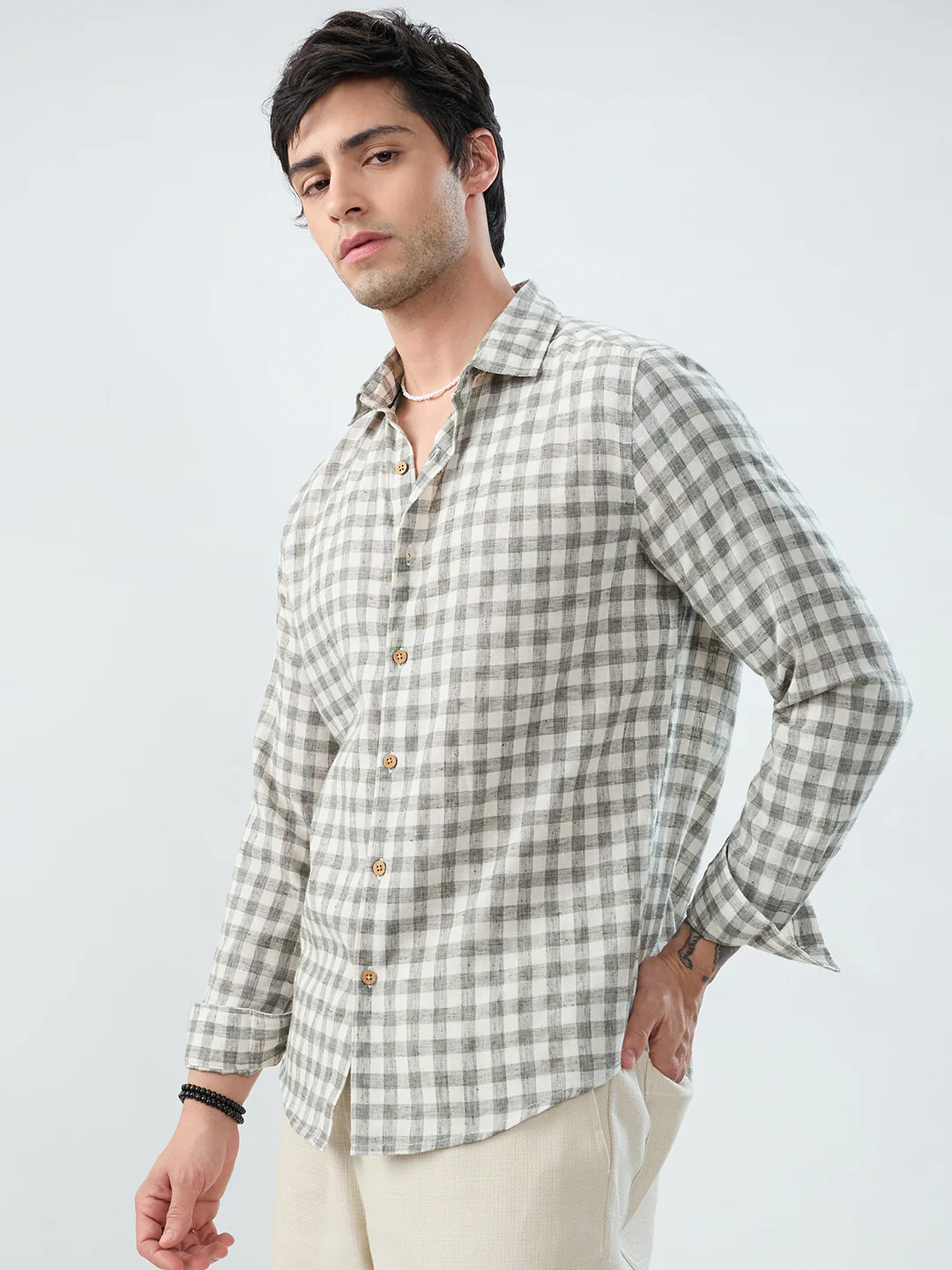 Mist Green Linen Blend Checks Shirt - Image 7