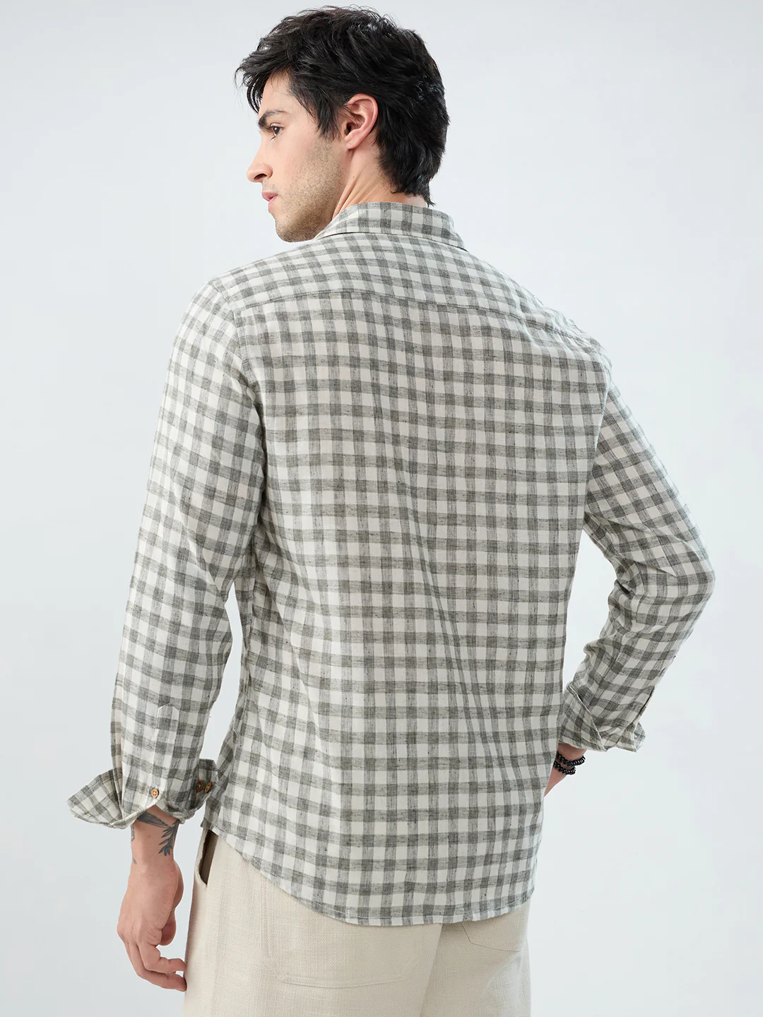 Mist Green Linen Blend Checks Shirt - Image 8