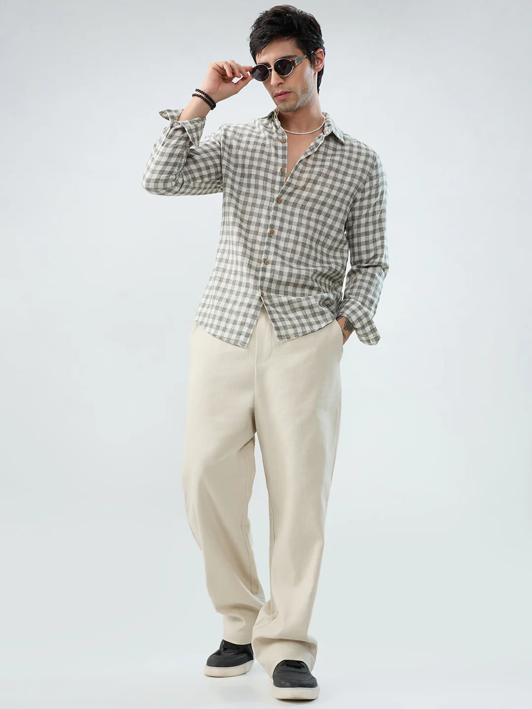 Mist Green Linen Blend Checks Shirt - Image 9