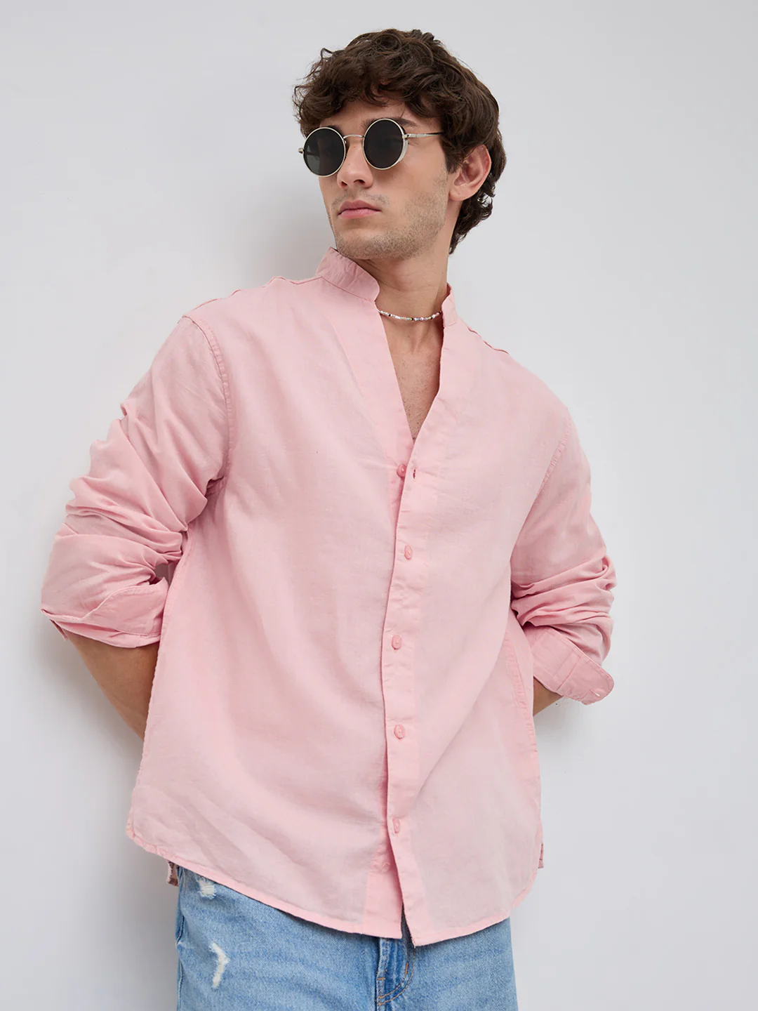 Mist Pink Linen Blend Stand Collar Oversized Shirt - Image 2