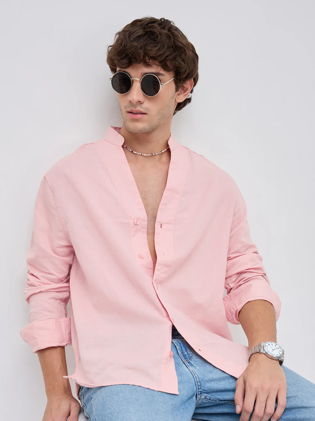 Mist Pink Linen Blend Stand Collar Oversized Shirt - Image 4