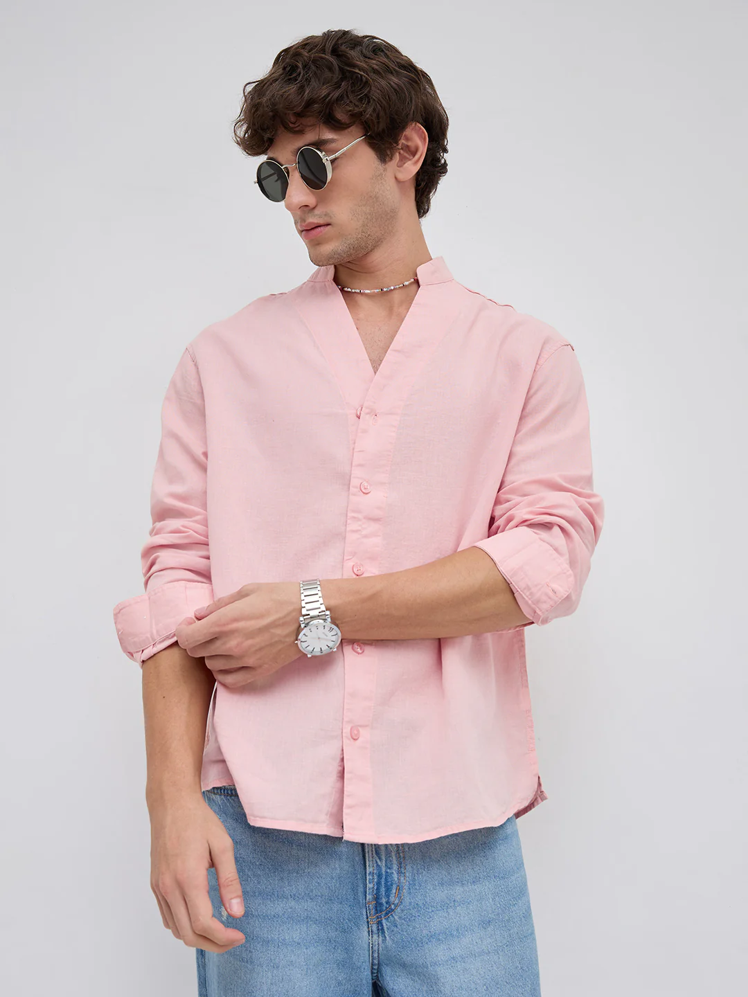Mist Pink Linen Blend Stand Collar Oversized Shirt - Image 5