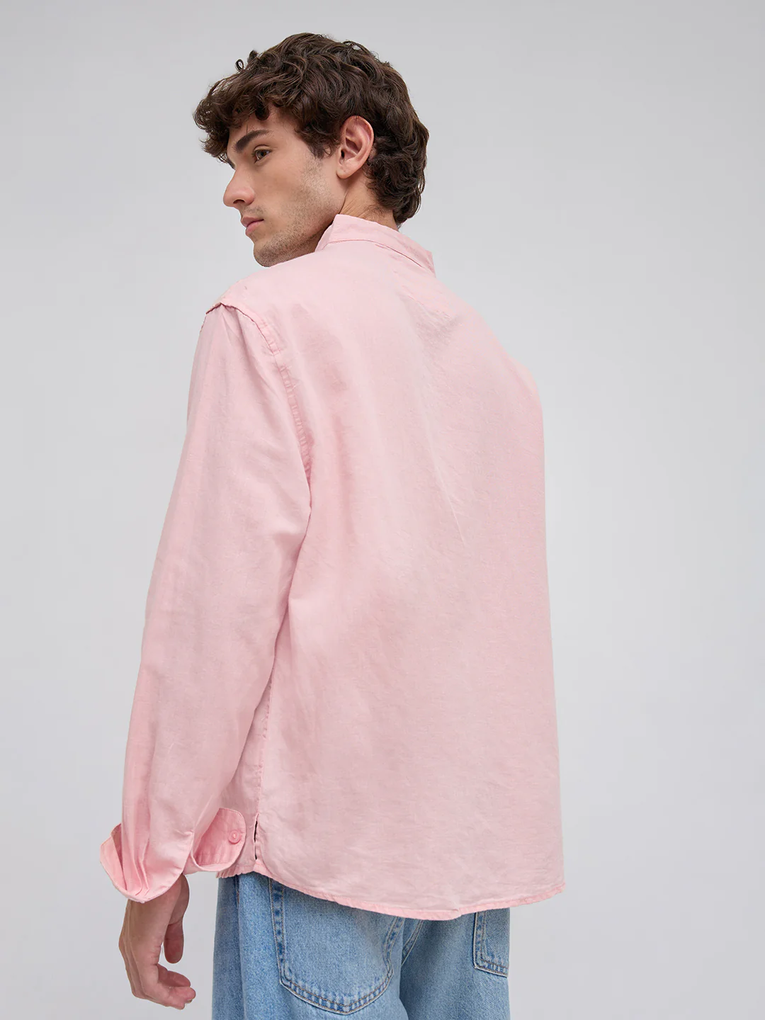 Mist Pink Linen Blend Stand Collar Oversized Shirt - Image 6