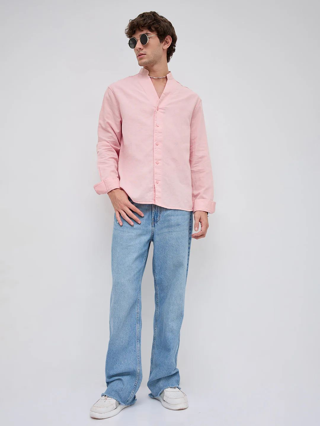 Mist Pink Linen Blend Stand Collar Oversized Shirt - Image 7