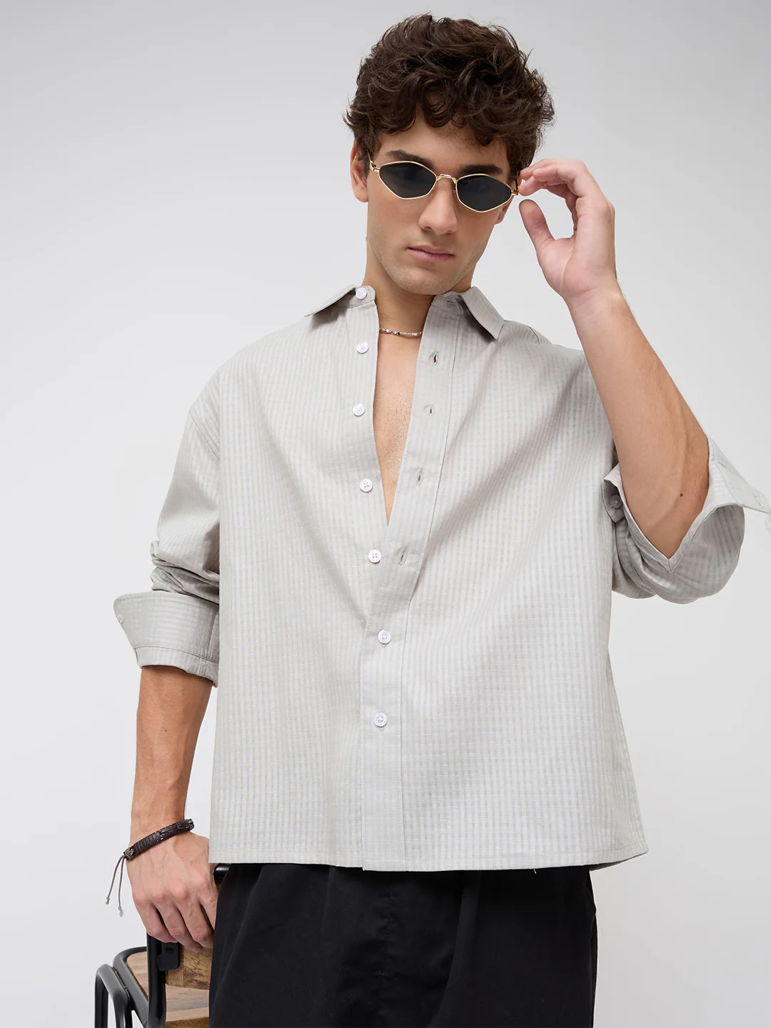 Misty Grey Fine Grid Weave Boxy Fit Crop Shirt - Image 2