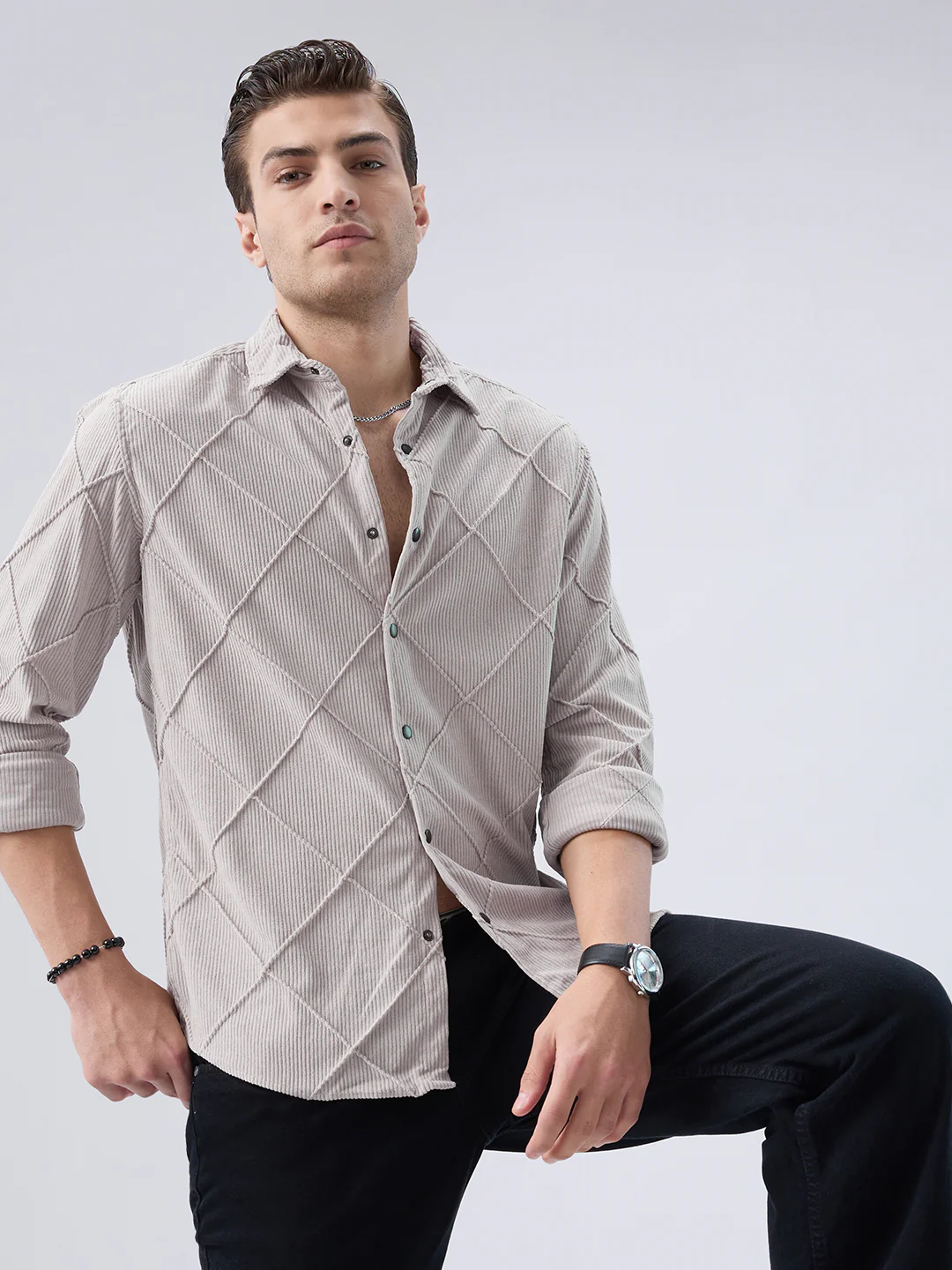 Misty Grey Textured Corduroy Shirt - Image 4