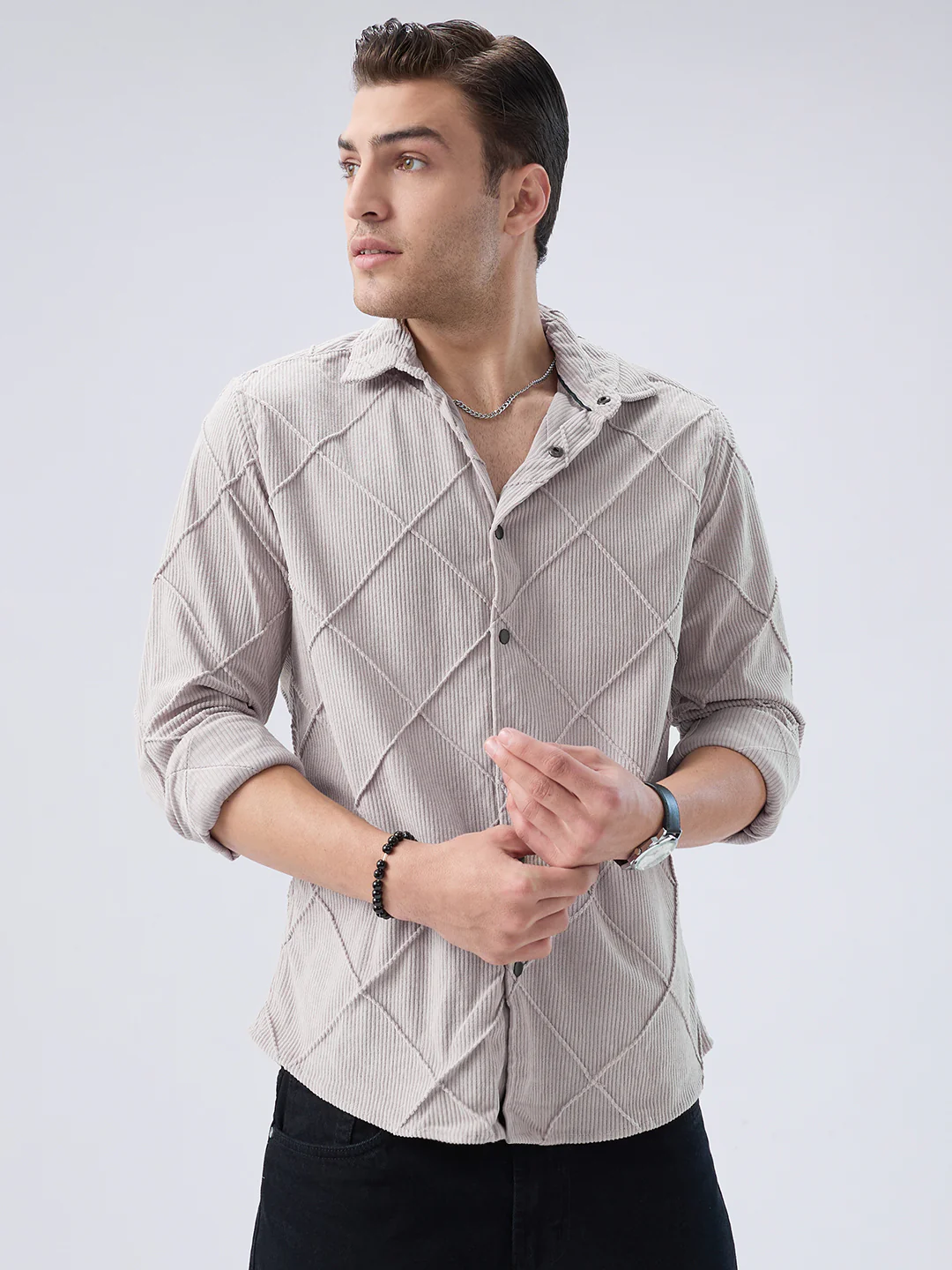 Misty Grey Textured Corduroy Shirt - Image 5