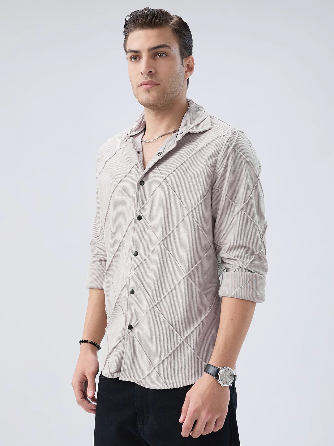 Misty Grey Textured Corduroy Shirt - Image 6