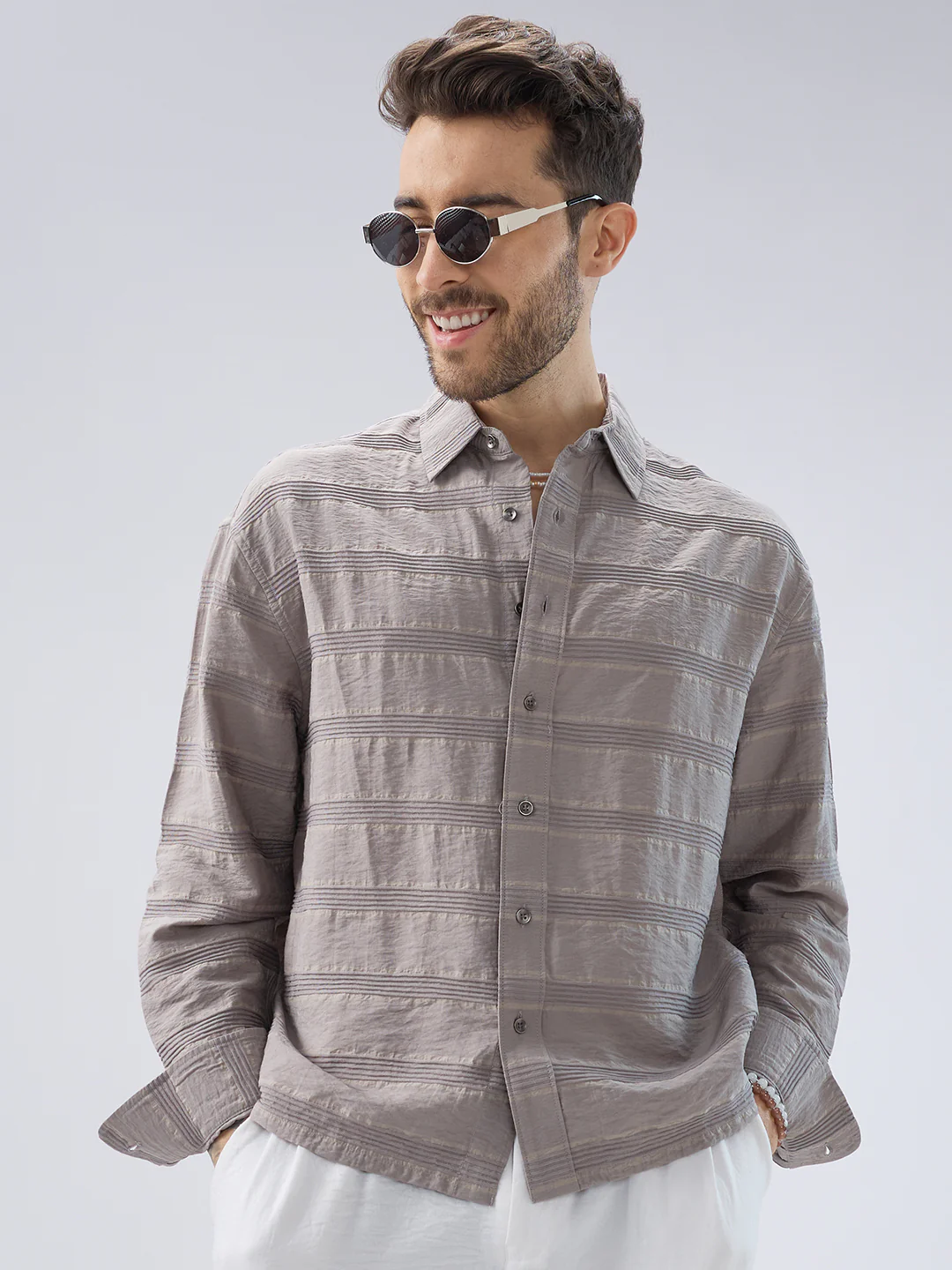 Misty Grey Textured Stripe Boxy Fit Crop Shirt - Image 2