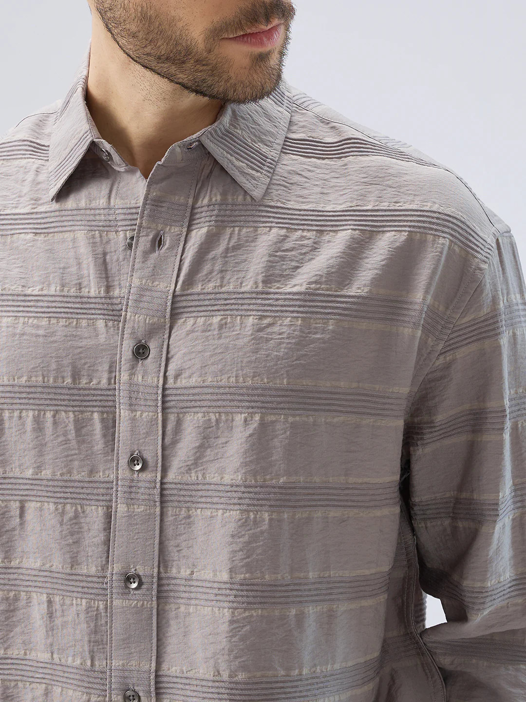 Misty Grey Textured Stripe Boxy Fit Crop Shirt - Image 3