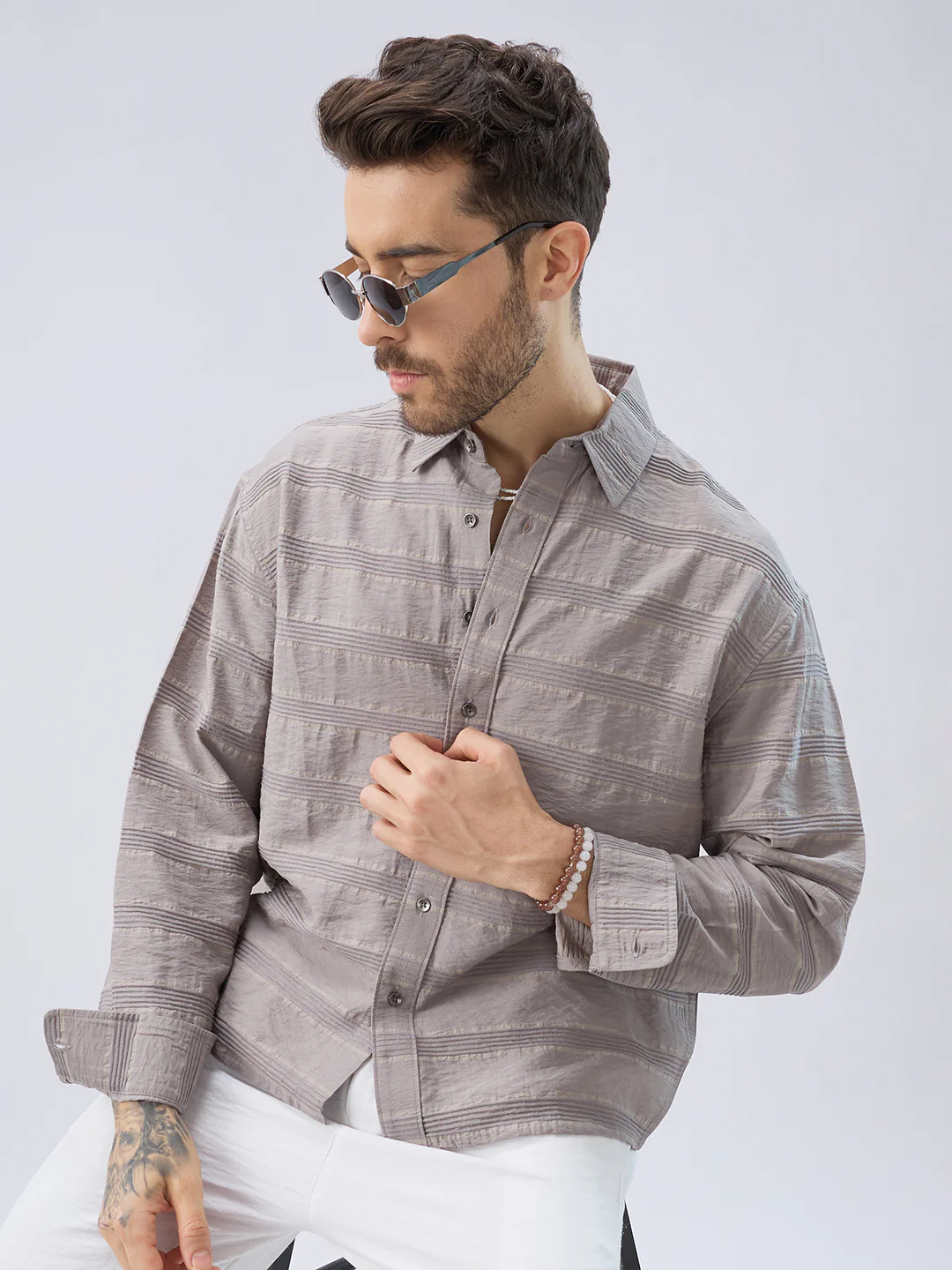 Misty Grey Textured Stripe Boxy Fit Crop Shirt - Image 4