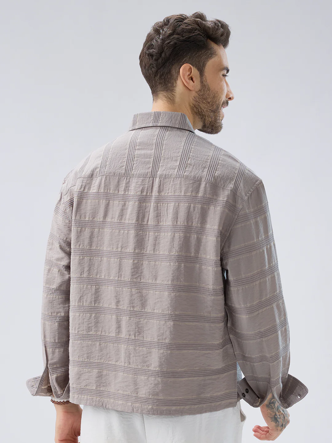 Misty Grey Textured Stripe Boxy Fit Crop Shirt - Image 7
