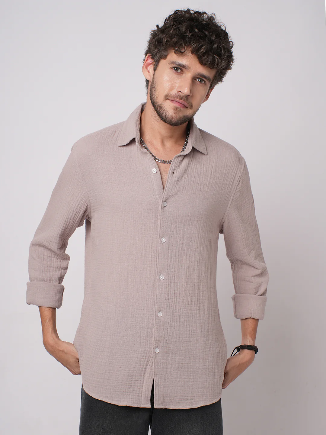 Misty Mauve Double Cloth Crinkled Shirt - Image 4