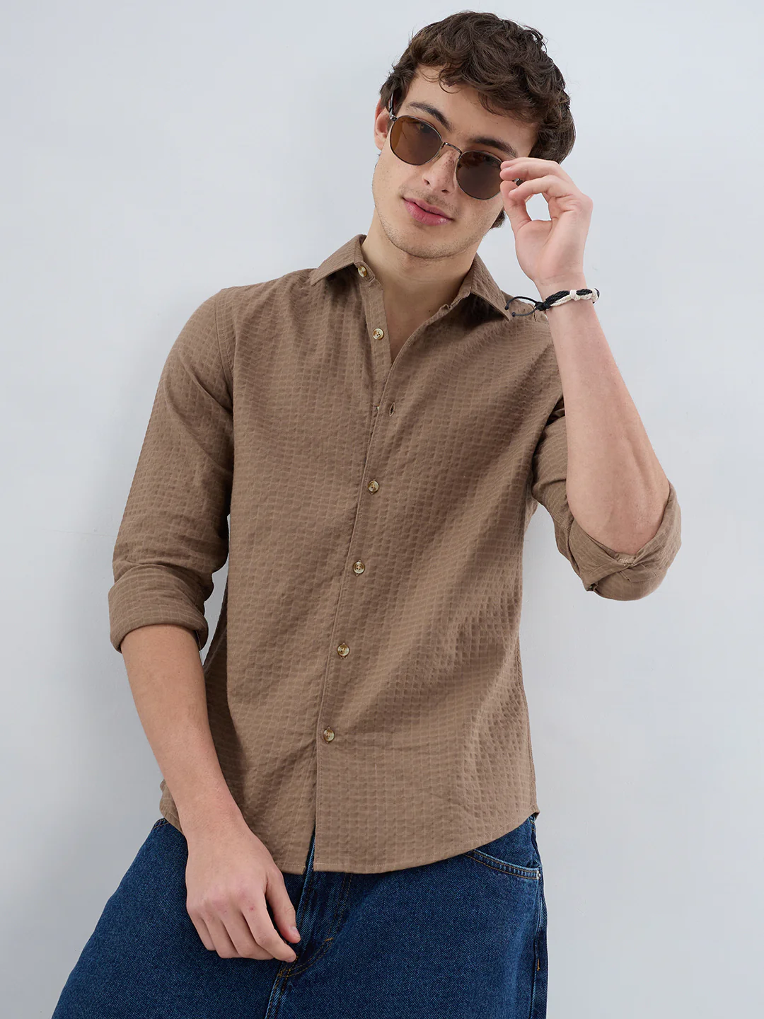 Mocha Brown Box Checks Embossed Double Cloth Shirt - Image 2