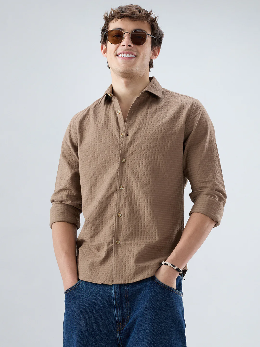 Mocha Brown Box Checks Embossed Double Cloth Shirt - Image 4