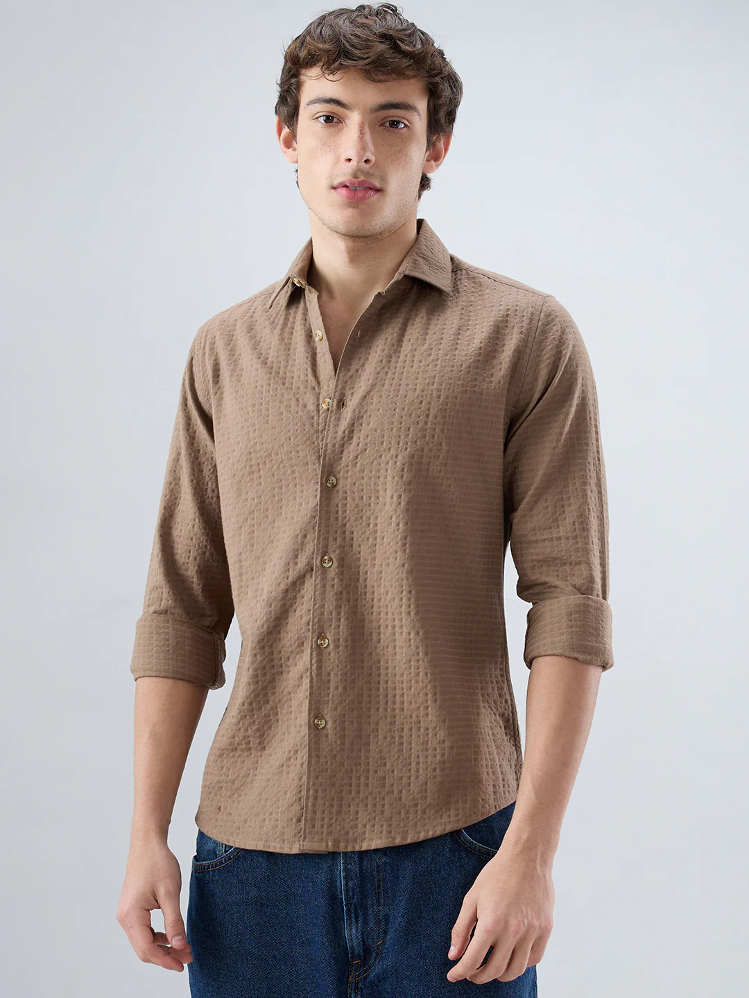 Mocha Brown Box Checks Embossed Double Cloth Shirt - Image 5