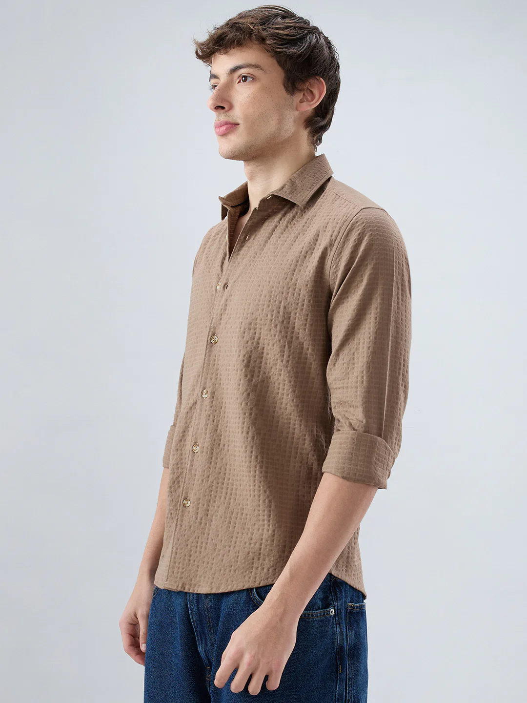 Mocha Brown Box Checks Embossed Double Cloth Shirt - Image 6