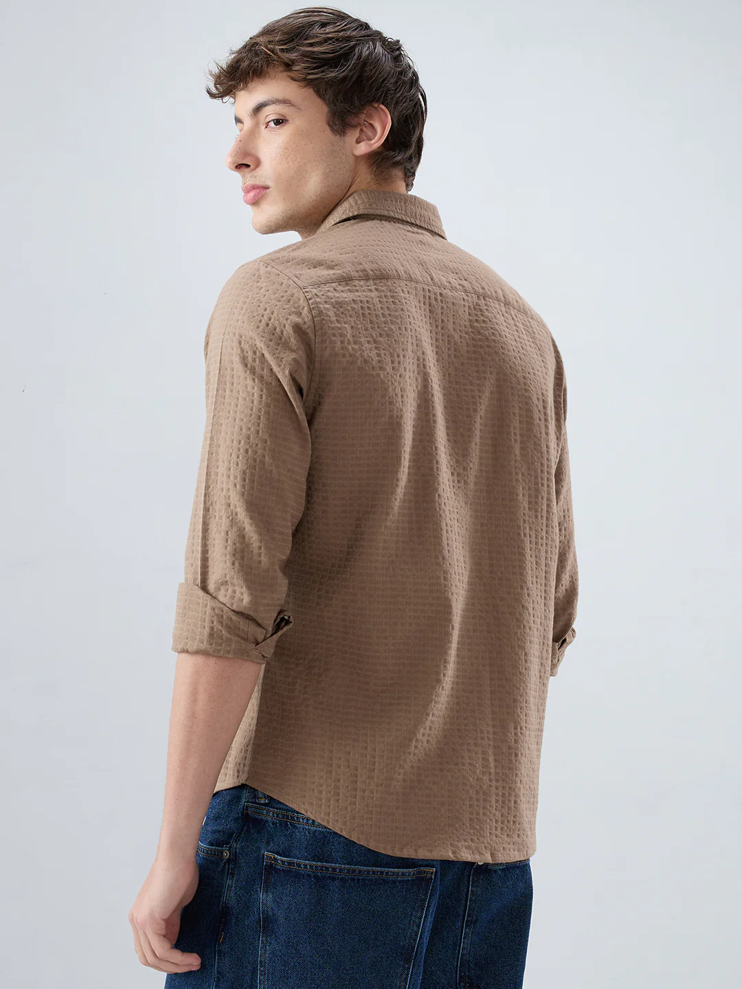 Mocha Brown Box Checks Embossed Double Cloth Shirt - Image 7