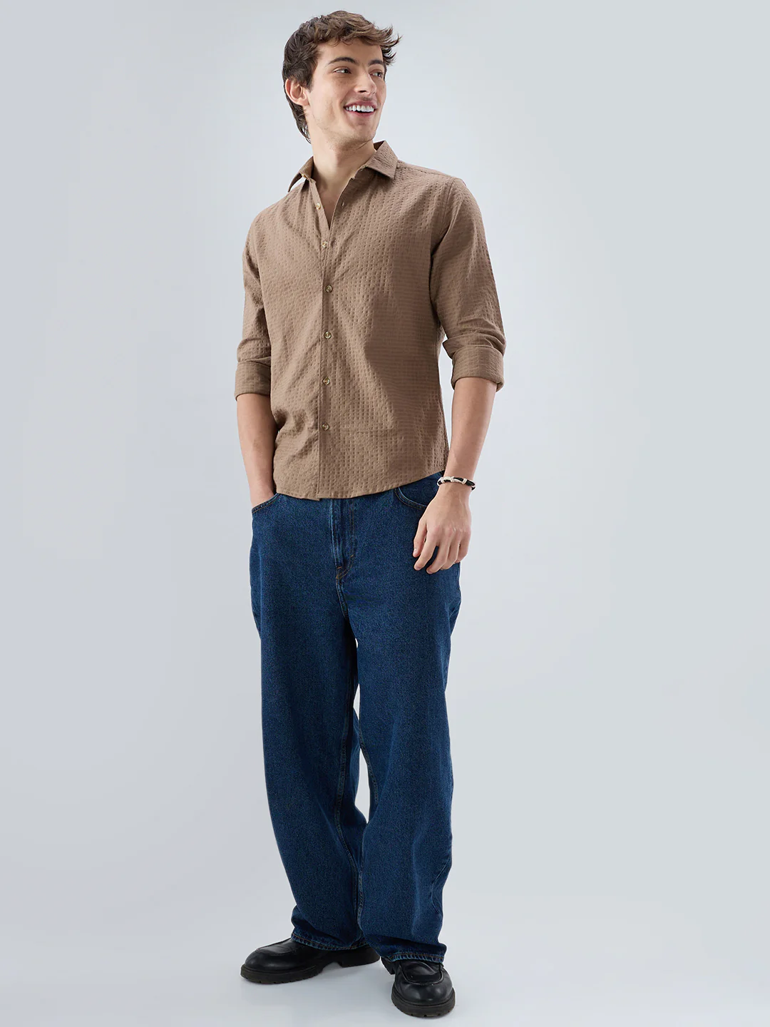 Mocha Brown Box Checks Embossed Double Cloth Shirt - Image 8