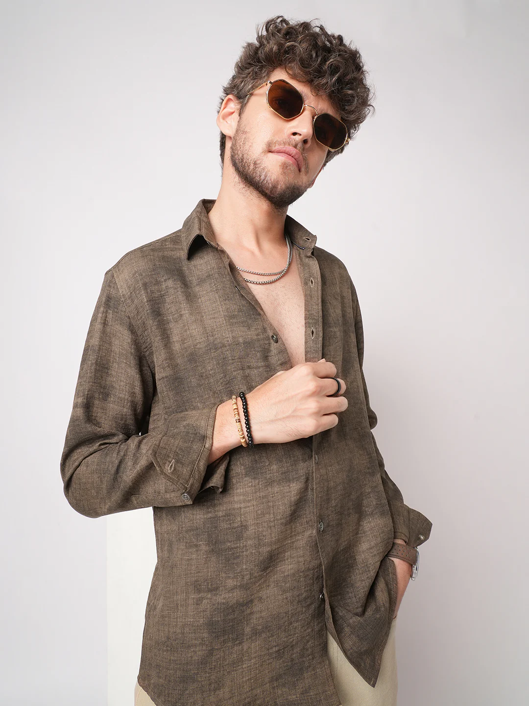 Mocha Brown Rustic Tie & Dye Printed Shirt - Image 4