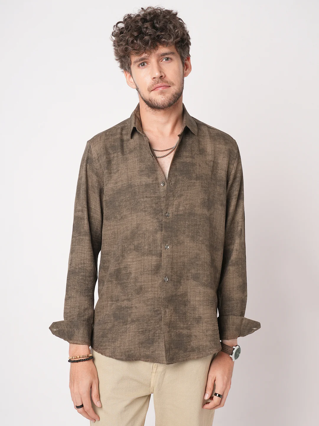 Mocha Brown Rustic Tie & Dye Printed Shirt - Image 5