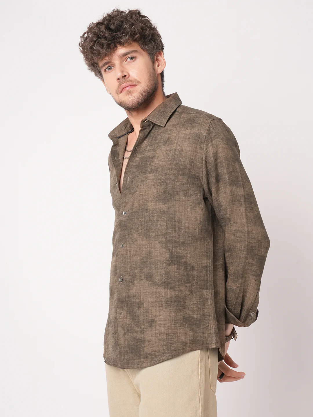 Mocha Brown Rustic Tie & Dye Printed Shirt - Image 6