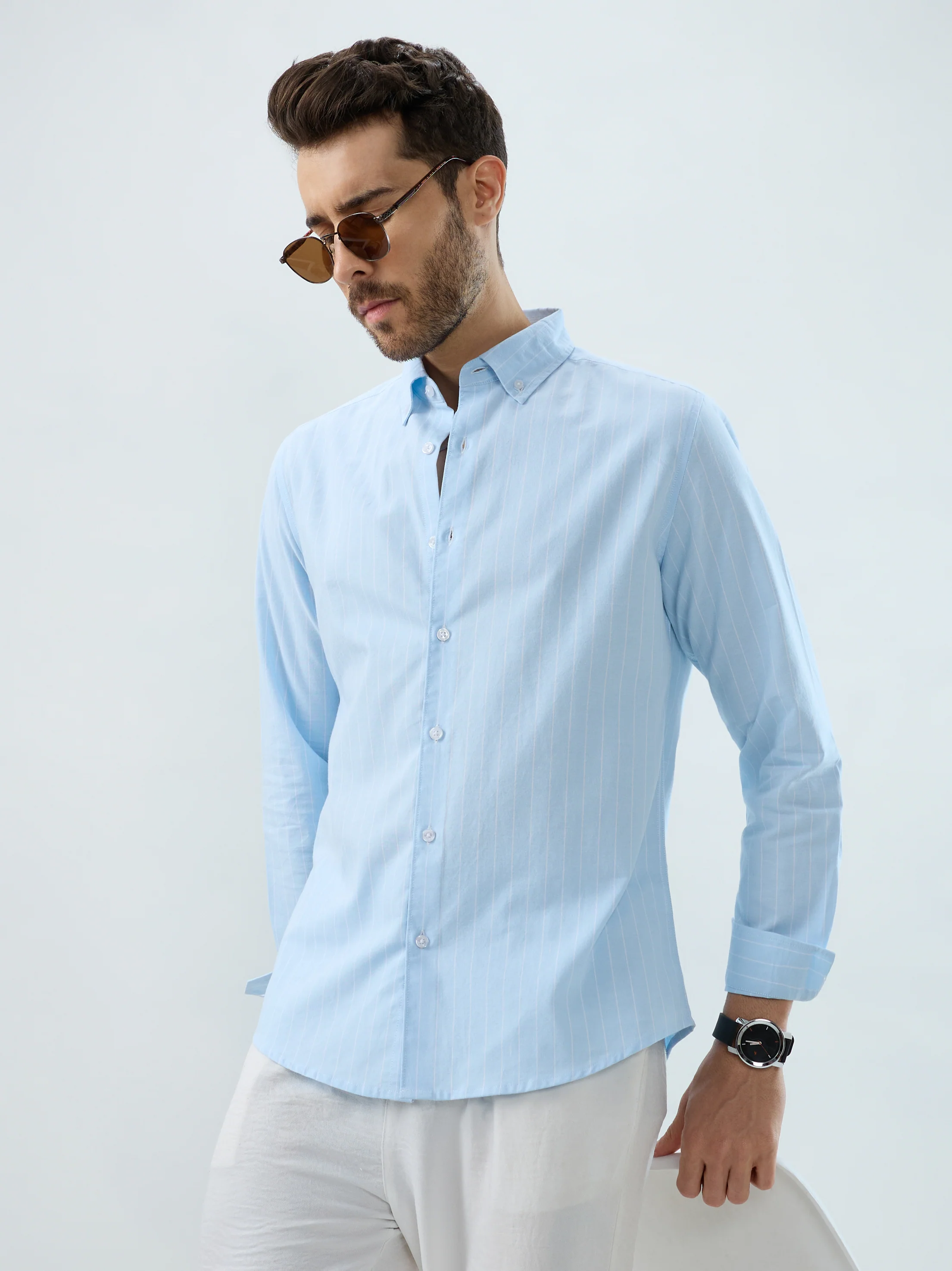 Modern Blues Refined Pinstripe Oxford Button-Down Business Shirt - Image 4
