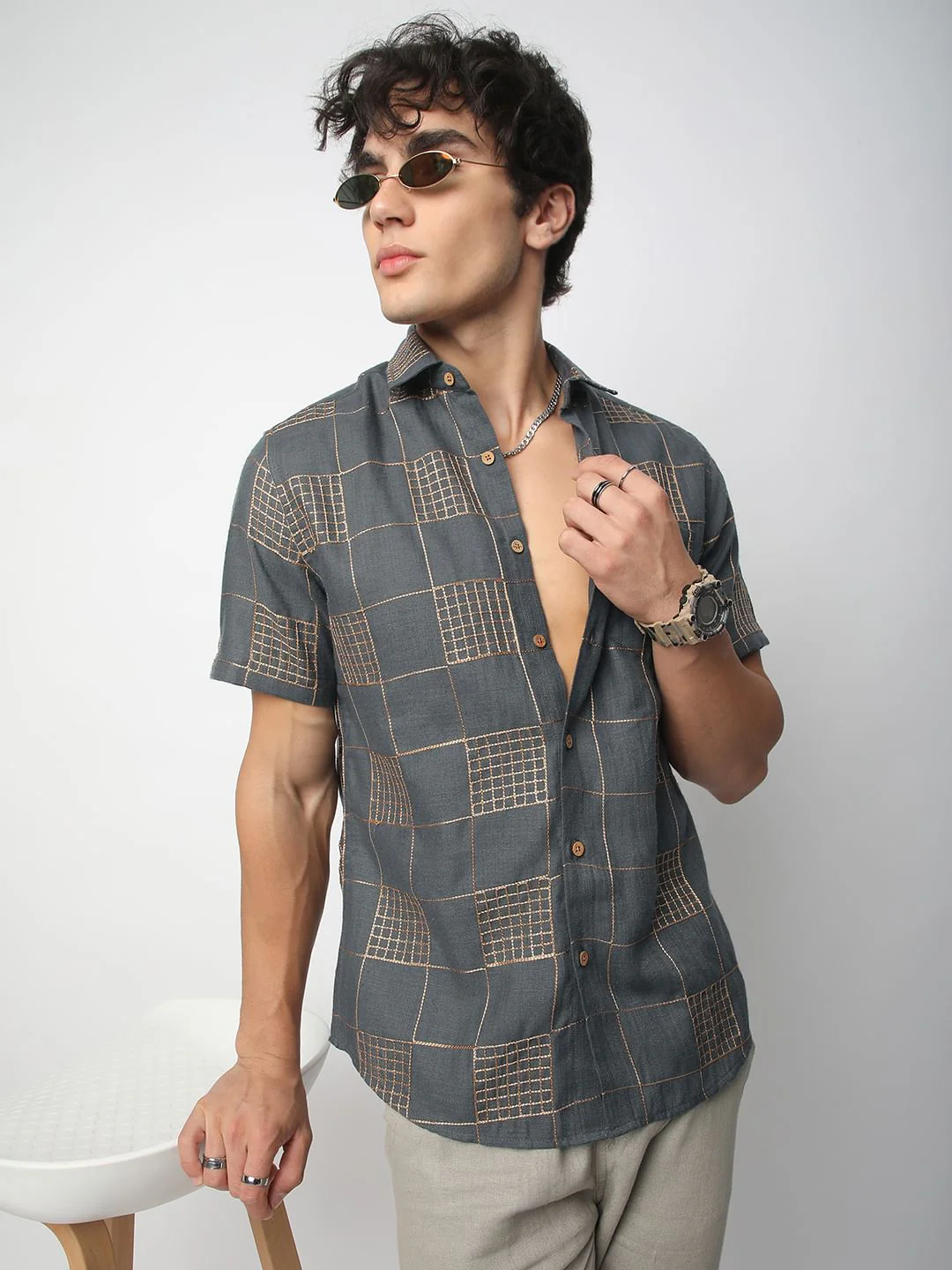 Modish Anchor Grey Square Embroidered Shirt - Image 2