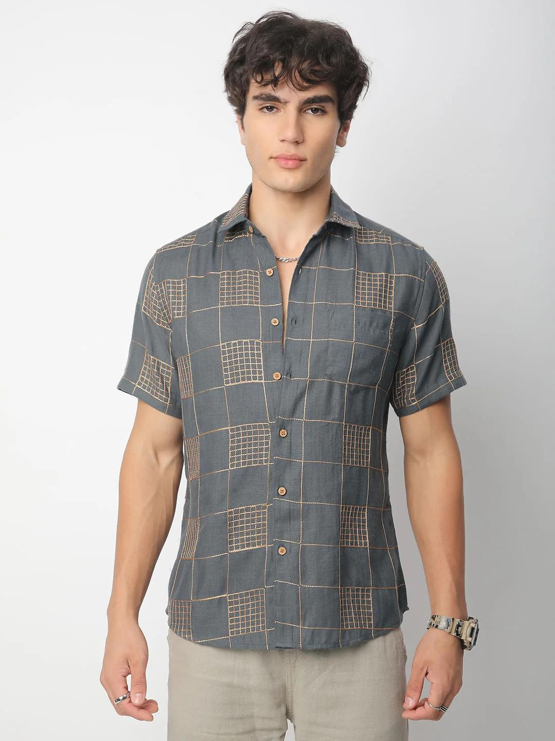 Modish Anchor Grey Square Embroidered Shirt - Image 5