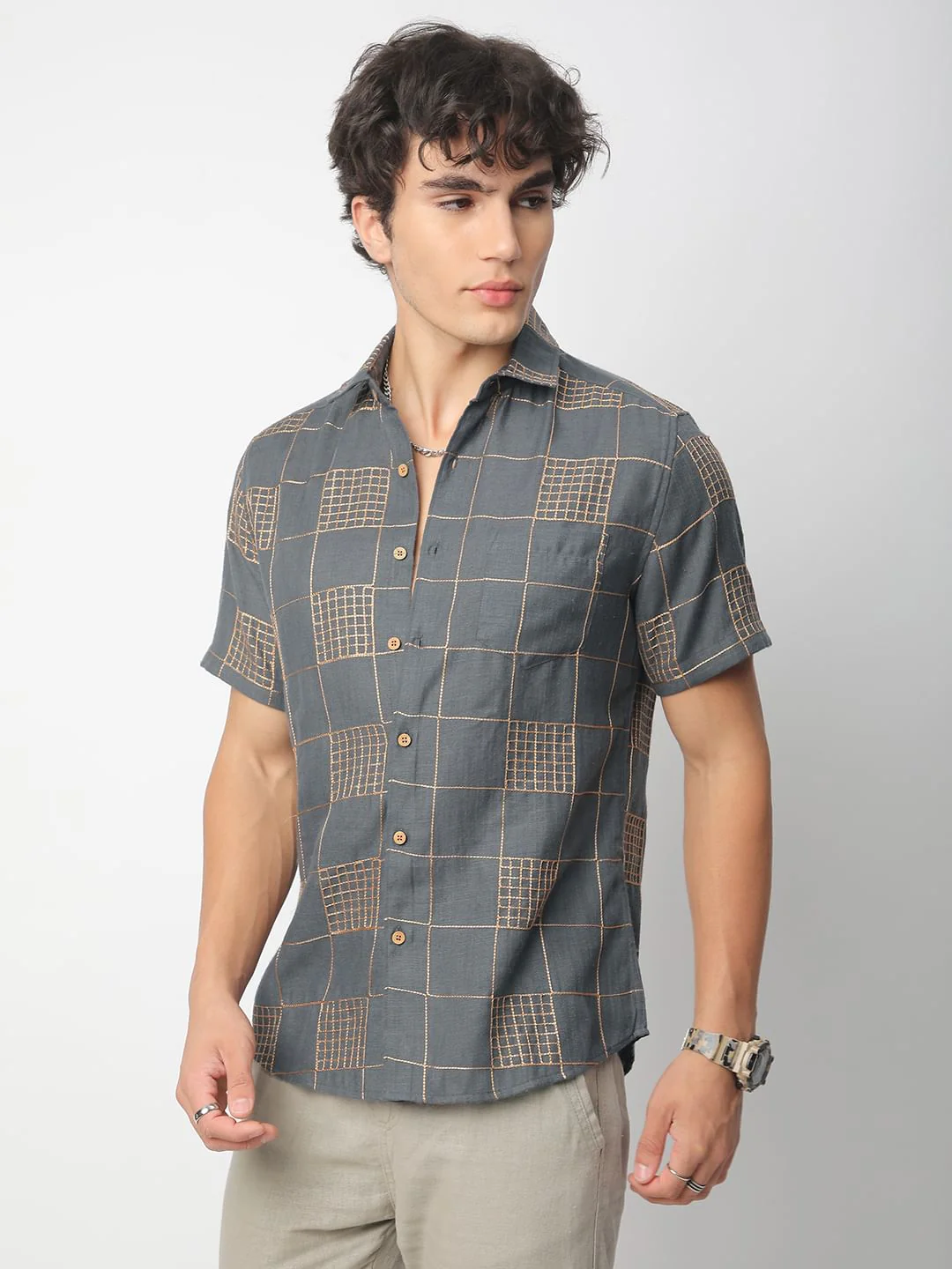 Modish Anchor Grey Square Embroidered Shirt - Image 6