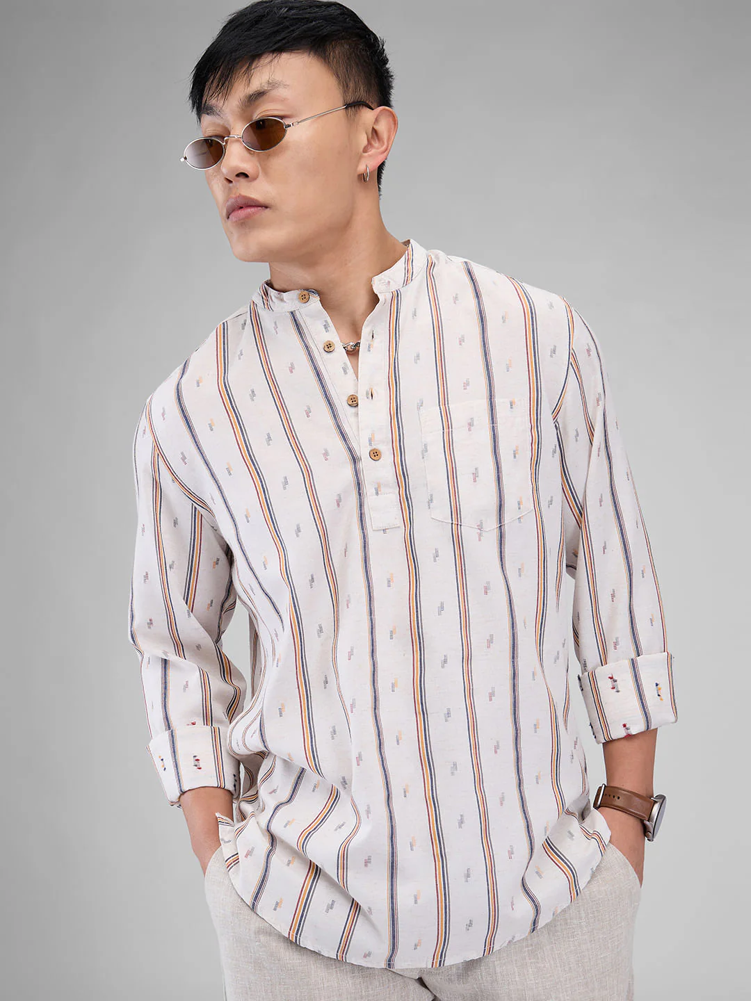 Modish Multicolour Striped Linen Kurta - Image 2