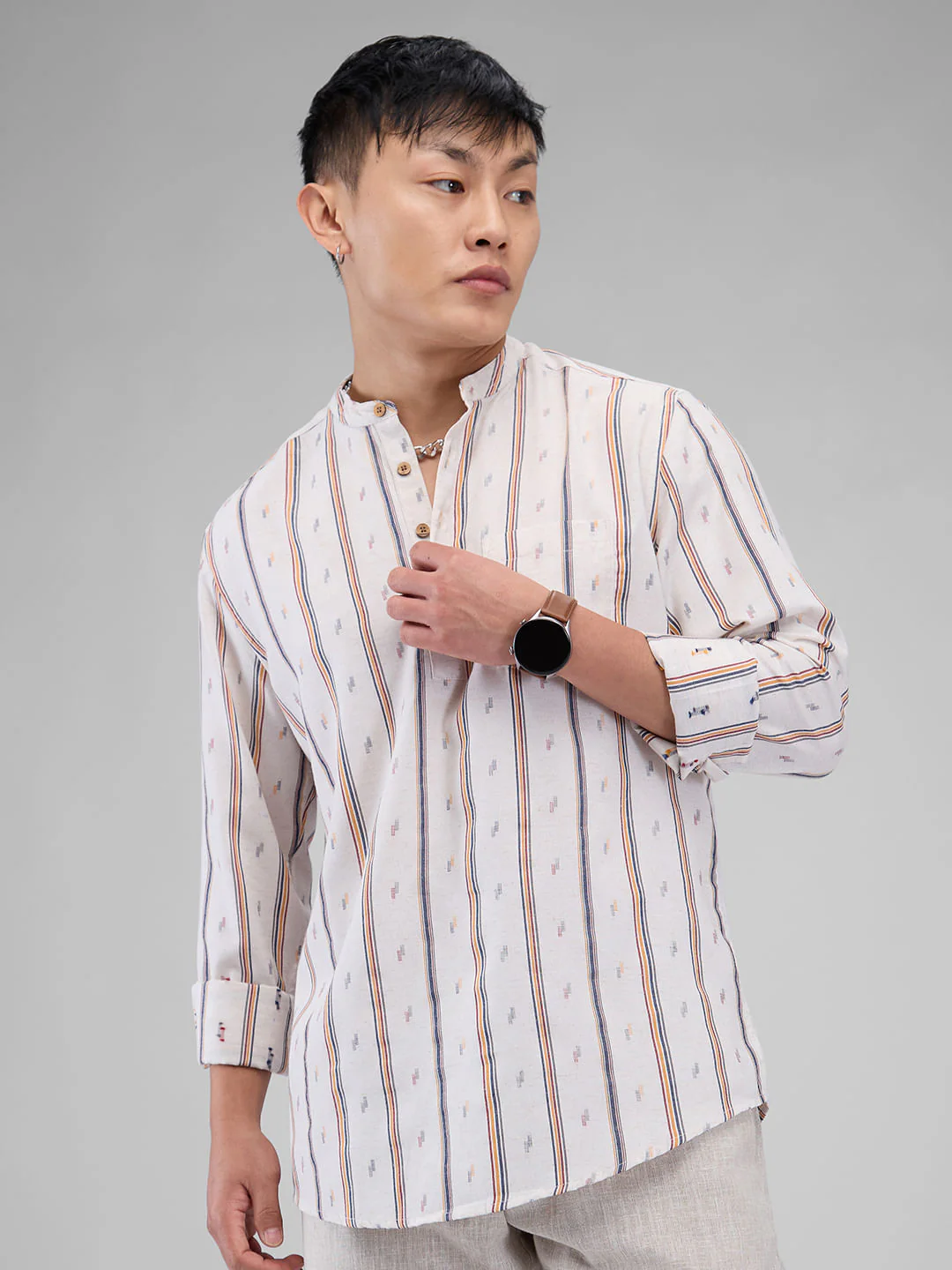 Modish Multicolour Striped Linen Kurta - Image 5
