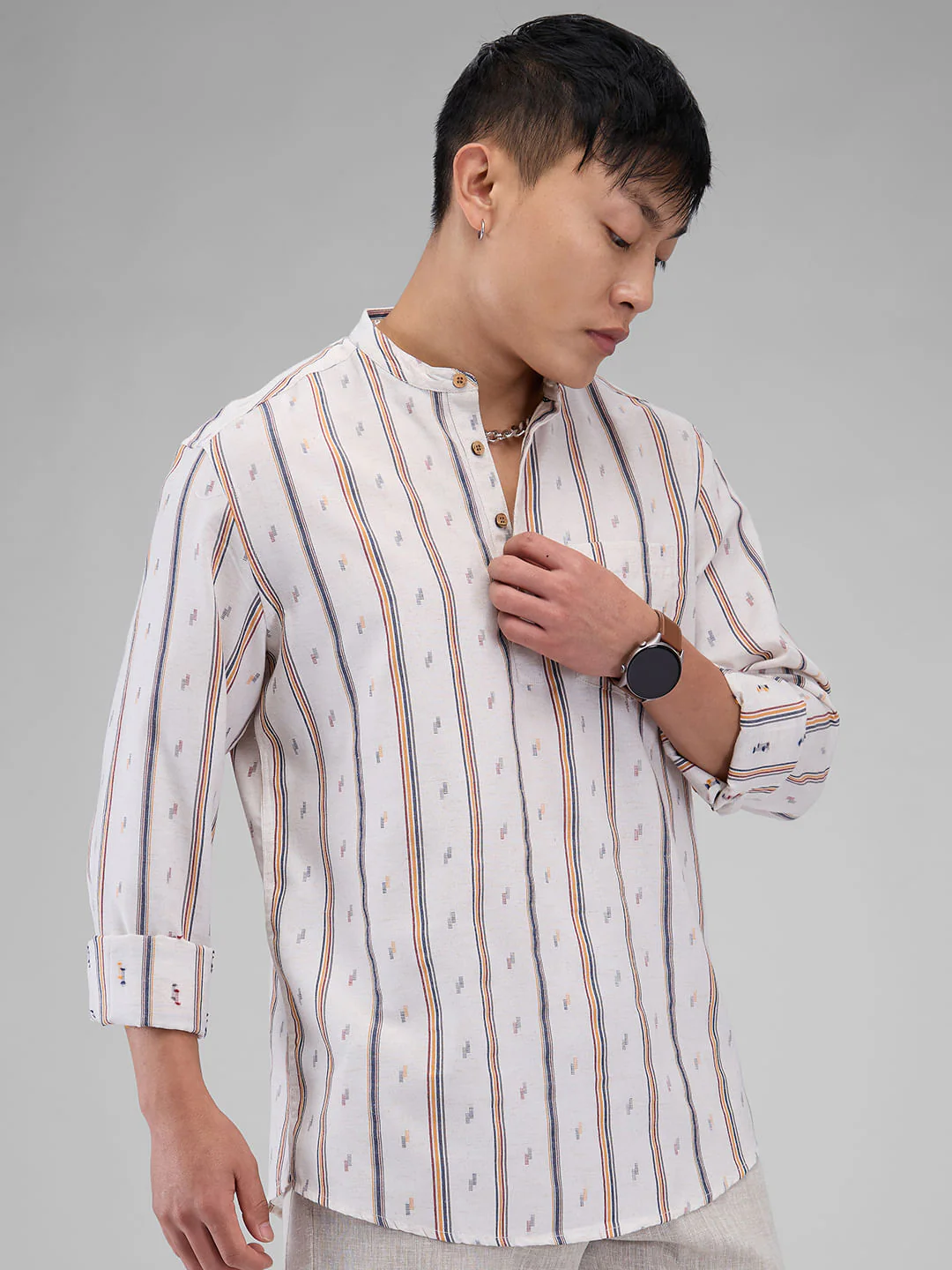 Modish Multicolour Striped Linen Kurta - Image 6