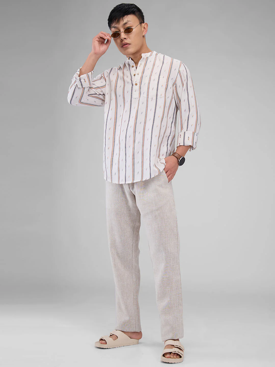 Modish Multicolour Striped Linen Kurta - Image 8