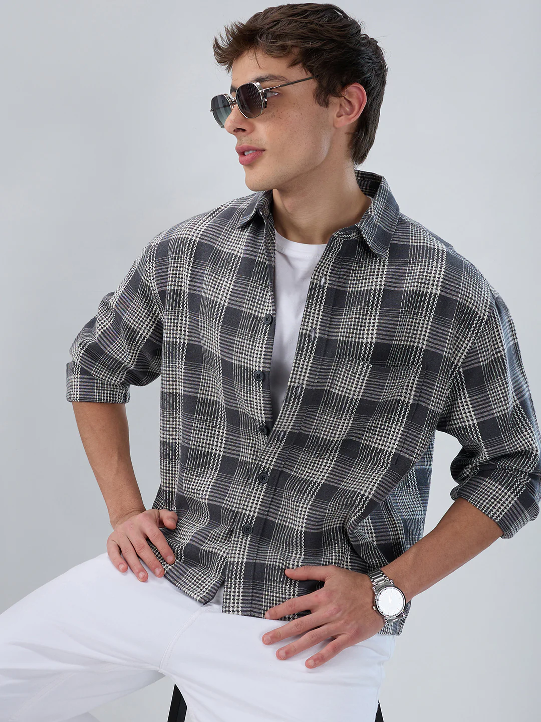 Monochrome Dense Contrast Checks Boxy Fit Crop Shirt - Image 4