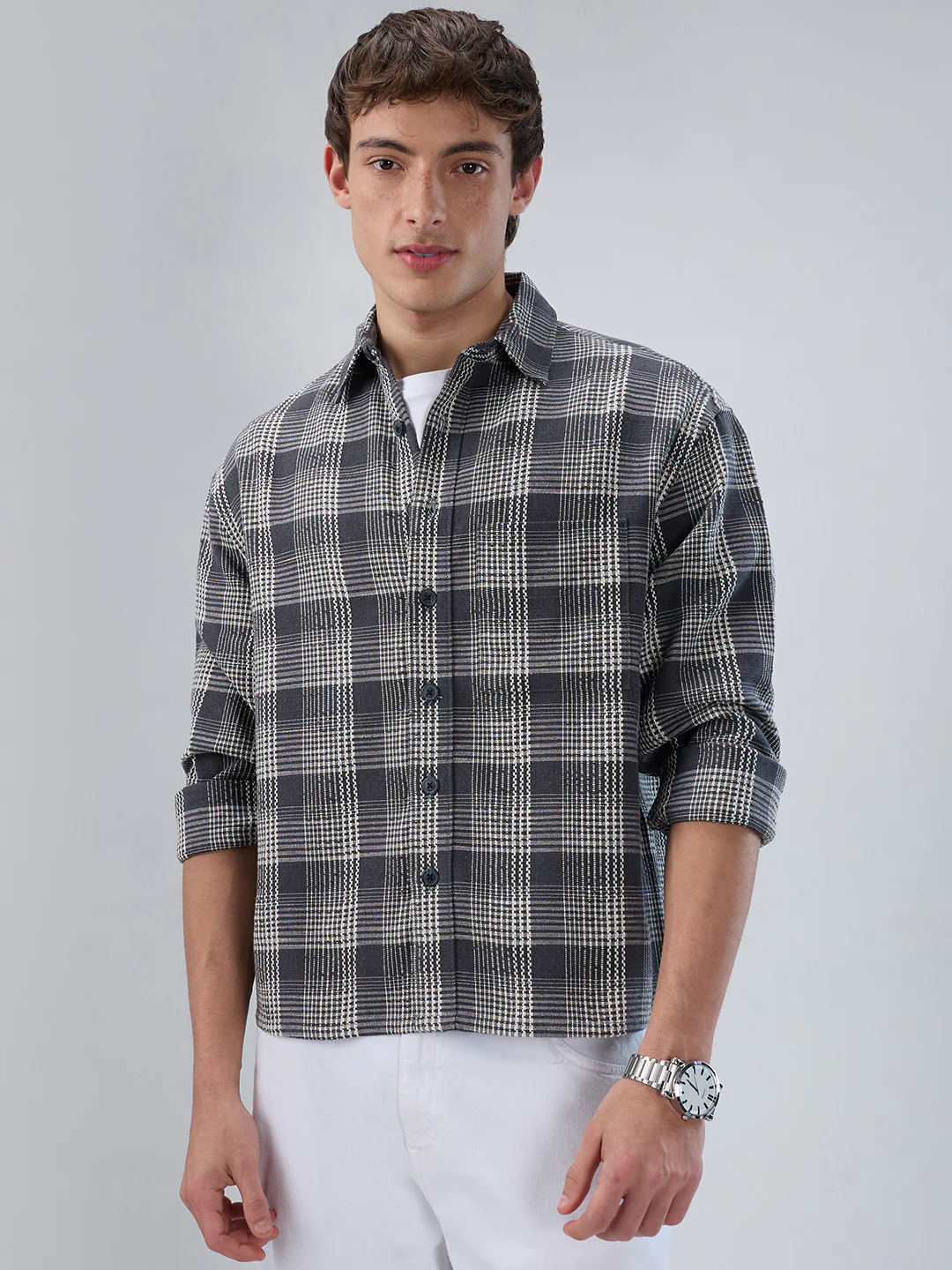 Monochrome Dense Contrast Checks Boxy Fit Crop Shirt - Image 5
