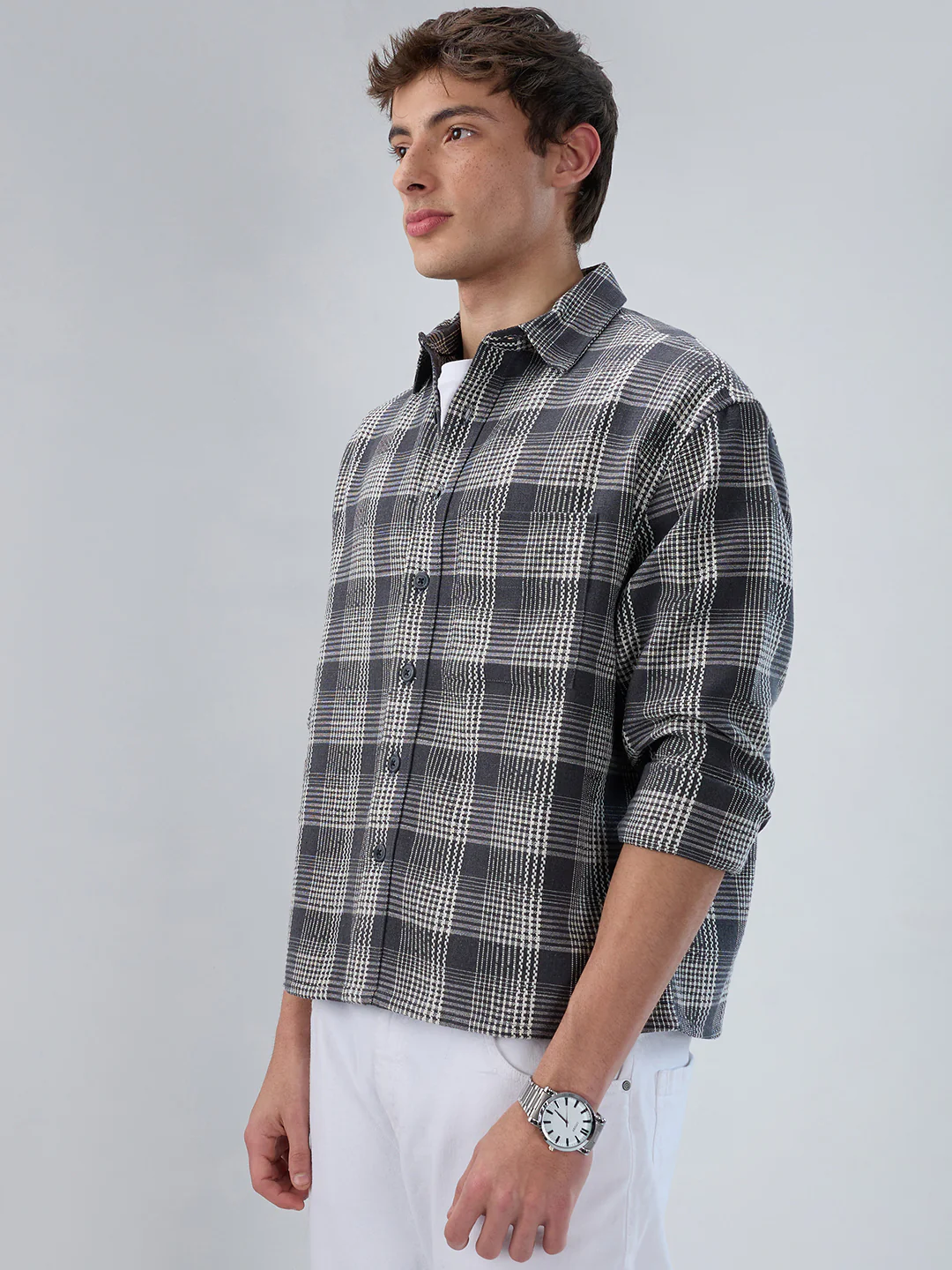 Monochrome Dense Contrast Checks Boxy Fit Crop Shirt - Image 6