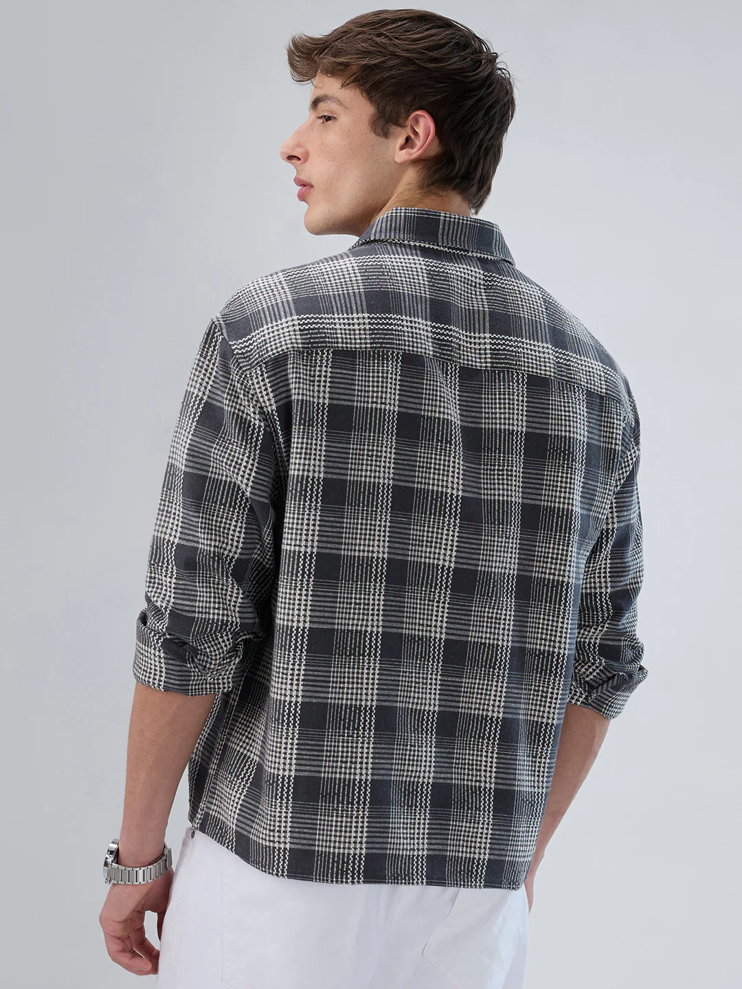 Monochrome Dense Contrast Checks Boxy Fit Crop Shirt - Image 7