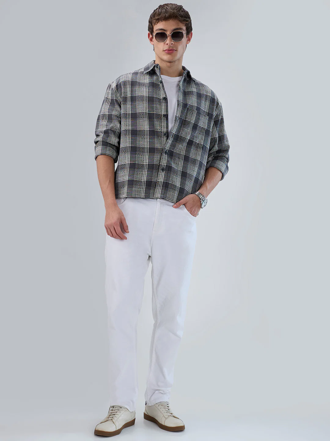 Monochrome Dense Contrast Checks Boxy Fit Crop Shirt - Image 8