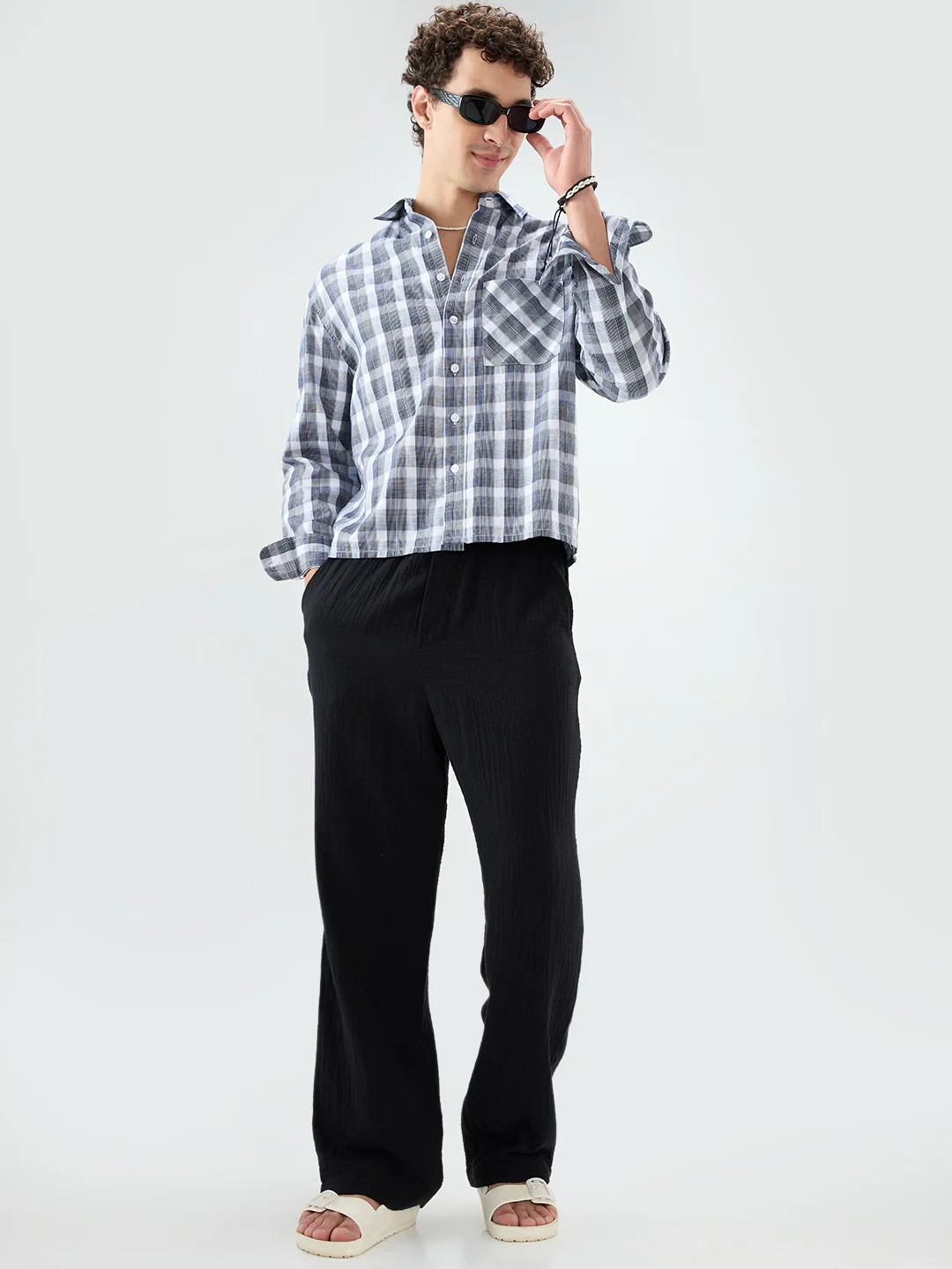 Monochrome Dual Scale Grid Weave Boxy Fit Crop Shirt - Image 7