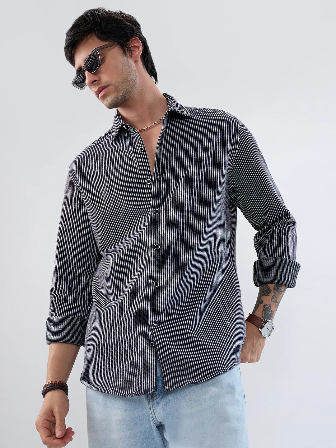 Monochrome Grid Knitted Everyday Shirt - Image 4