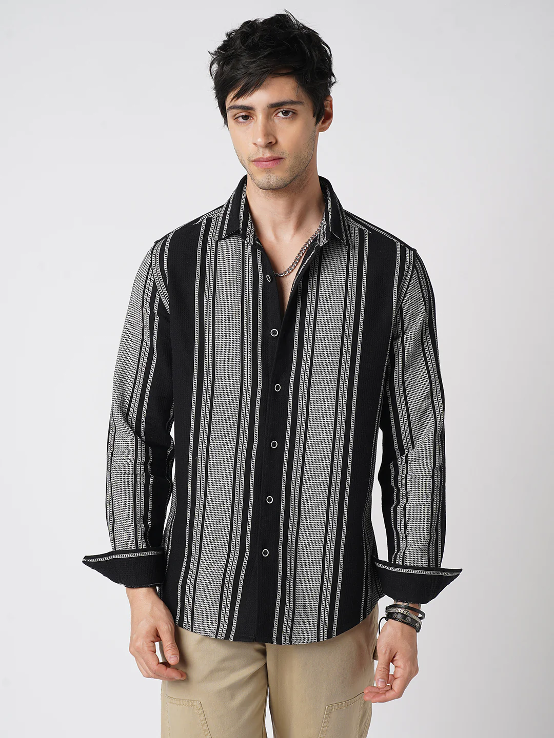 Monochrome Handloom Finish Panel Luxe Shirt - Image 4